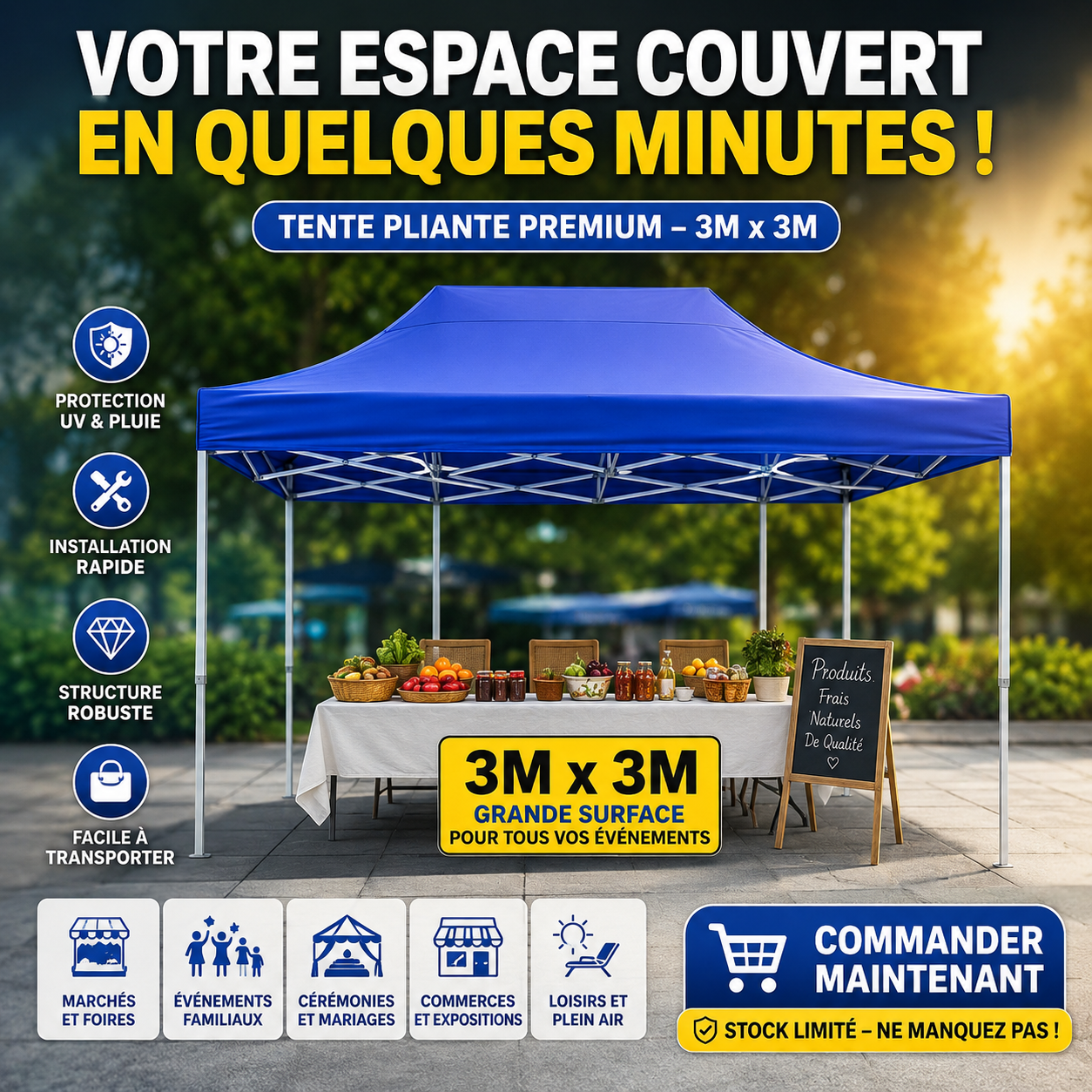 Tente Pliante Premium – Votre Espace d’Ombre Instantané Partout (6m*3m)